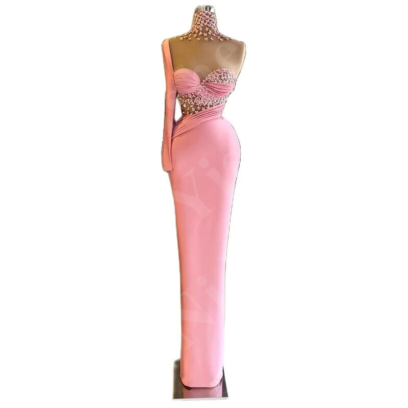 Pink Sexy Formal Occasion Dresses Evening Dresses One Shoulder Long Sleeve Satin Sparkling Beaded Appliques Party Prom Dress