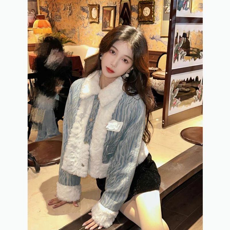 Jaqueta de pelúcia de cordeiro coreana feminina, casacos de luxo, outwear, moda senhora, outono e inverno