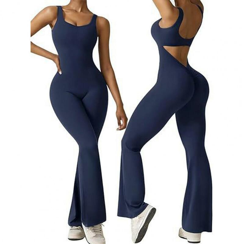 Women Jumpsuit Body Curves Jumpsuit Flared Hem Backless Hollow Out Lady Sports Jumpsuit with Butt-lifted High Waist for Women