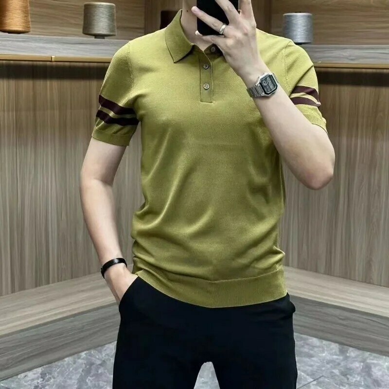2024 Summer New Men's Polo Shirt Patchwork Button Fashion Contrast Color Slim Fit Comfort Casual All Match Short Sleeved Tops