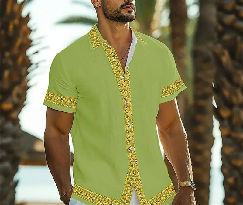 Hawaiian shirt men's solid color 3D patchwork pattern lapel button up short sleeved shirt plus size casual vacation clothing