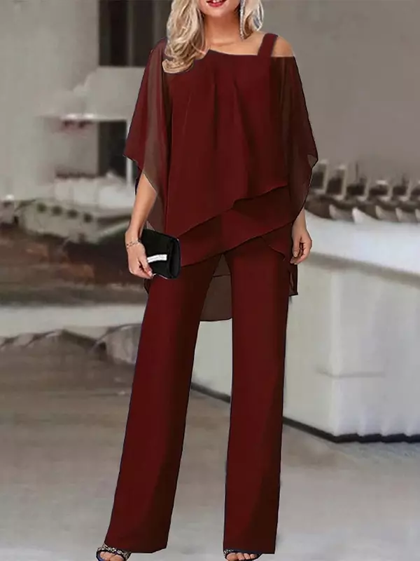 Celana panjang wanita, Set dua potong pakaian pesta elegan bahu terbuka, atasan lengan kelelawar ukuran besar modis seri sepadan gaya baru