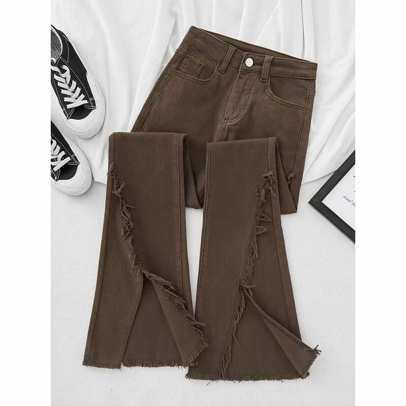 Brązowy Slim Twill Jeans 2022 jesień i zima nowy modny wysokiej zwężone wąska na guziki ciepłe Tassel kawy spodnie damskie dżinsy INS nowy