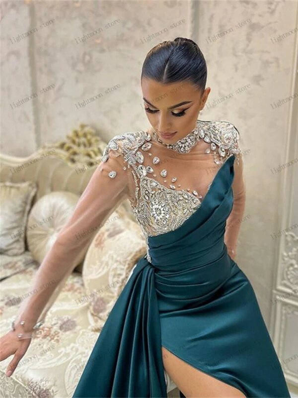 Charming Evening Dresses Satin Prom Dress Beading Appliques Full Sleeves Robes For Formal Party Vintage Vestidos De Gala 2024