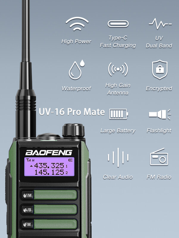 BaoFeng UV-16 Pro Mate V210W Walkie Talkie, Carregador Maximal Type-C, Atualização de Rádio de Longo Curso, UV5R, UV10R, V2, 2Pack
