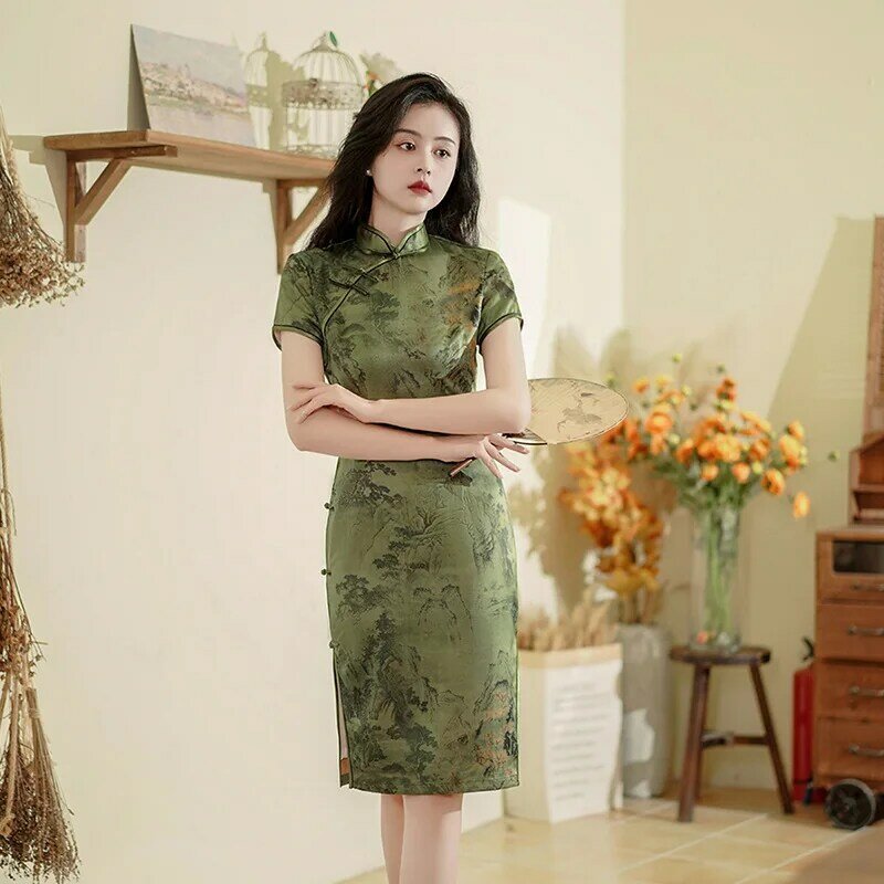 Gaun wanita, motif tradisional Cina ukuran besar klasik Elegnat Lady Qipao musim panas lengan pendek seksi ramping terpisah Cheongsam Vestidos