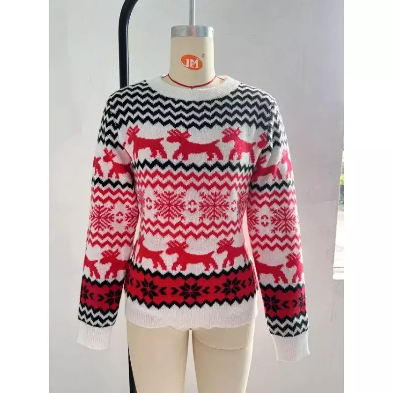 Рождественский вязаный свитер, одежда для пар, зима 2023, Мужской Женский жаккардовый пуловер свободного покроя с круглым вырезом и длинными рукавами, джемпер