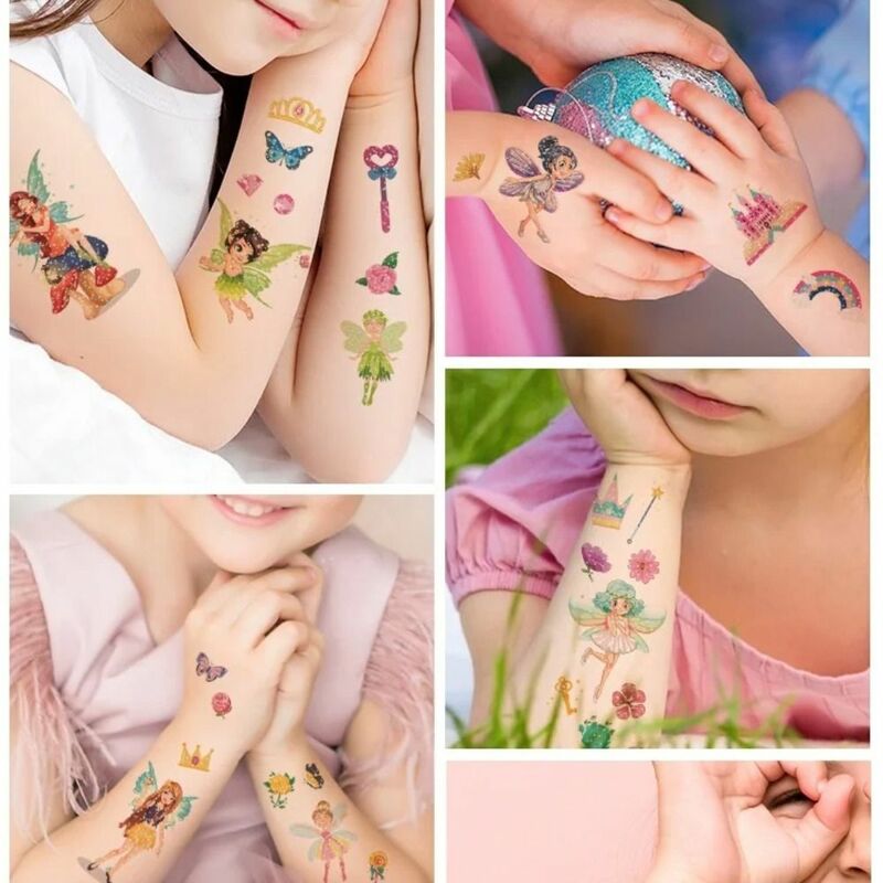 Arcobaleno Glitter polvere fata tatuaggi fiori farfalla Glitter adesivi tatuaggio temporaneo castello dei cartoni animati adesivi temporanei per il corpo