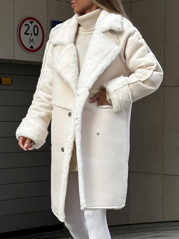 Jaket panjang bulu imitasi wanita, mantel Teddy Lapel Vintage ukuran besar, jaket wol domba hangat tebal musim dingin