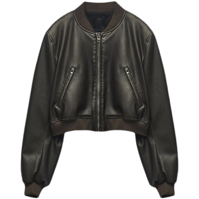 Za New Women'S Jacket Wear Faux Leather Pilot Versatile Casual Baseball Uniform Leather 2023 Spring Women Leather Jacket