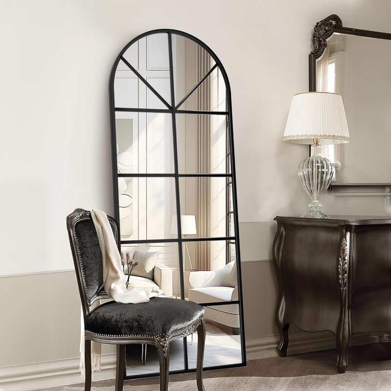 Espejo de longitud completa para el suelo, parte superior arqueada negra, panel de ventana grande, montado en la pared, espejos colgantes de pie o inclinados
