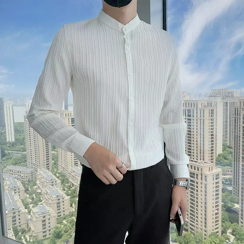 Рубашка мужская с воротником-стойкой и длинными рукавами, 60% хлопок