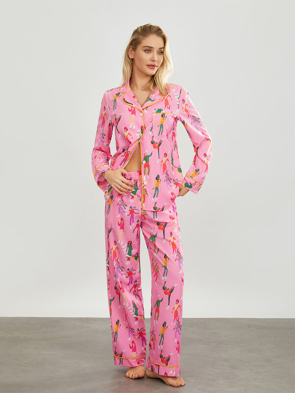 Women’s Fall Pajama Set Lapel Neck Button Down Long Sleeve Tops Elastic Waist Long Pants with Pockets 2 Pieces Sleepwear
