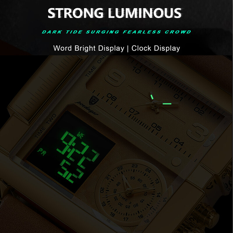 POEDAGAR-Relógio de quartzo retangular de luxo masculino, impermeável, luminoso, dia semana, digital, relógios multifunções, relógio de pulso masculino
