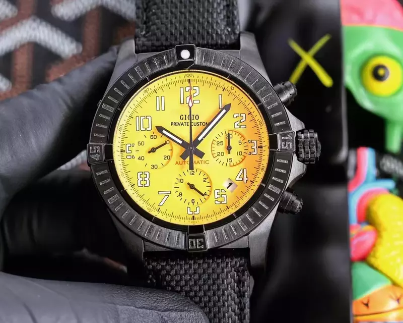 43mm wysokiej jakości zegarek kwarcowy z chronografem czarny płócienny stoper żółty tarcza ze stali nierdzewnej świecący szafir