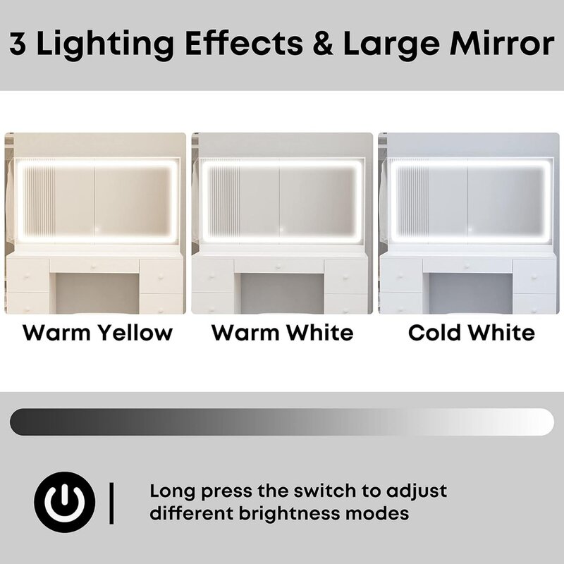Waschtisch Set mit LED beleuchteten Spiegel & Steckdose, 7 Schubladen Make-up Waschtische Schmink tisch mit Hocker, für Schlafzimmer, weiß