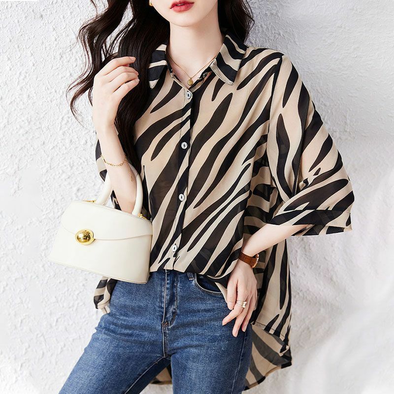 Stylish Zebra Printed Loose Blouse Women's Clothing Commute Single-breasted 2024 Spring Summer 3/4 Sleeve Korean Polo-Neck Shirt