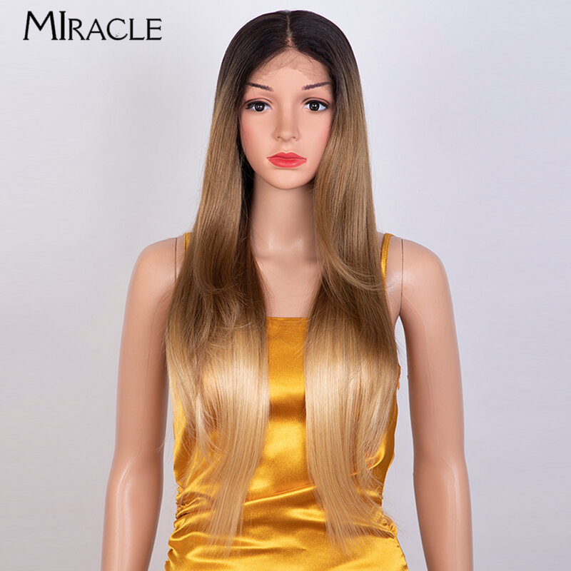 MIRACLE-Perruque Lace Front Synthétique Douce et Droite pour Femme, Ombre Blonde, Faux Cheveux, Cosplay, Utilisation 03, 28"
