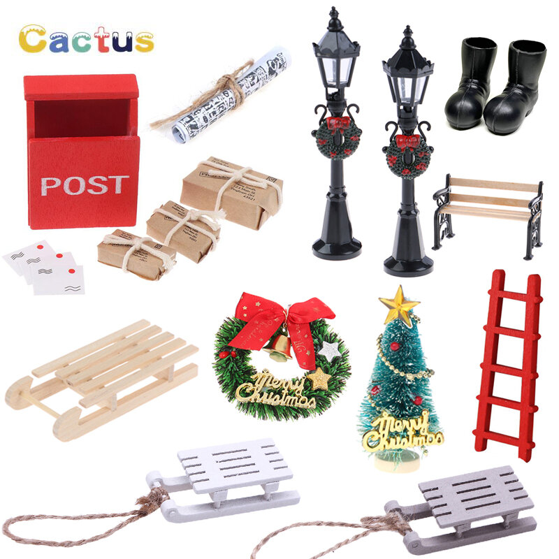 ドールハウスミニチュアレターボックス、メール付きメールボックス、ポストカード、フェアリーガーデン、ドア家具、クリスマスの木の装飾、赤、1:12