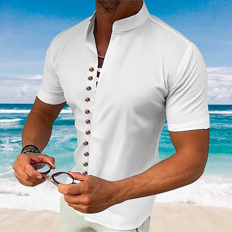 Fashion Solid Color Loose Cotton Shirts Men Beach Style Casual Buttoned Stand Collar Shirt Short Sleeve Mens Leisure Cardigans
