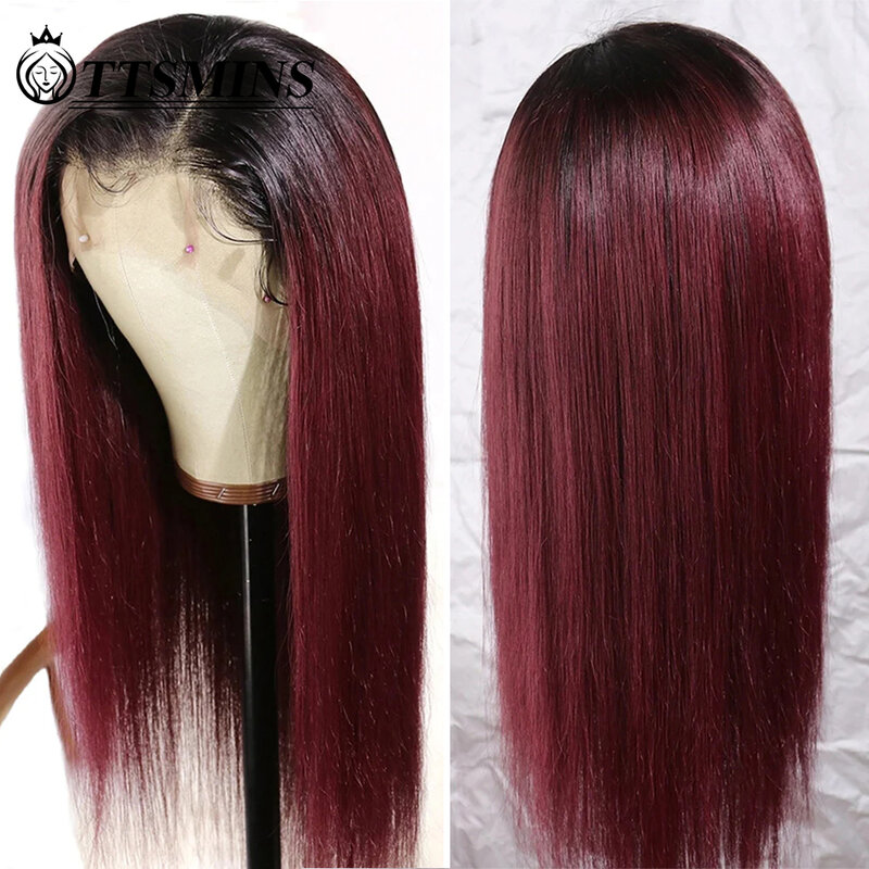 Peluca de cabello humano liso de color ombré T1B/99J para mujer, postizo de encaje Frontal, transparente, sin pegamento, brasileño
