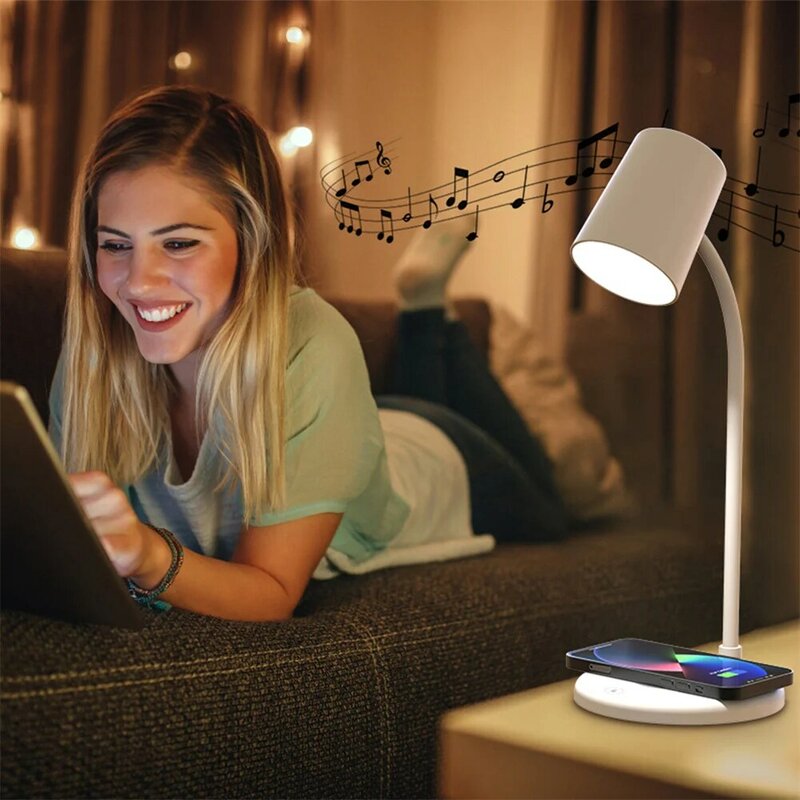 Lampu meja Led isi daya nirkabel 10w, lampu meja pelindung mata bluetooth kompatibel Speaker sentuh dapat diredupkan, lampu malam baca