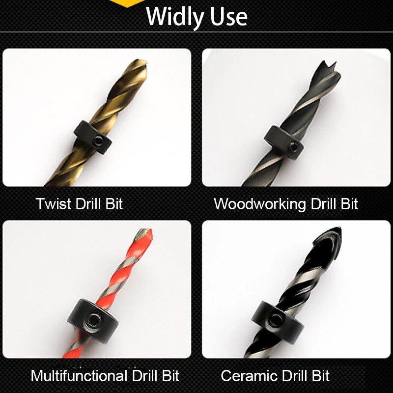 Drill Depth Stop Bit Collar Set Adjustable Positioner Limit Ring Allen Wrench Tighten The Stopper Set-Screws Woodworking Tool