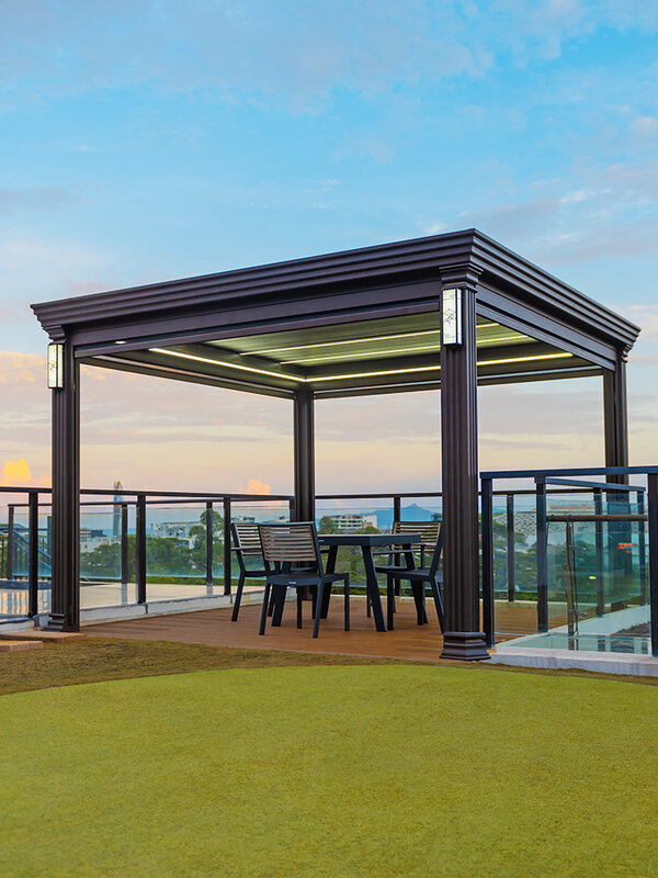 3mby3m set taman aluminium atap pergola listrik, dapat ditarik bangun luar ruangan tahan air otomatis