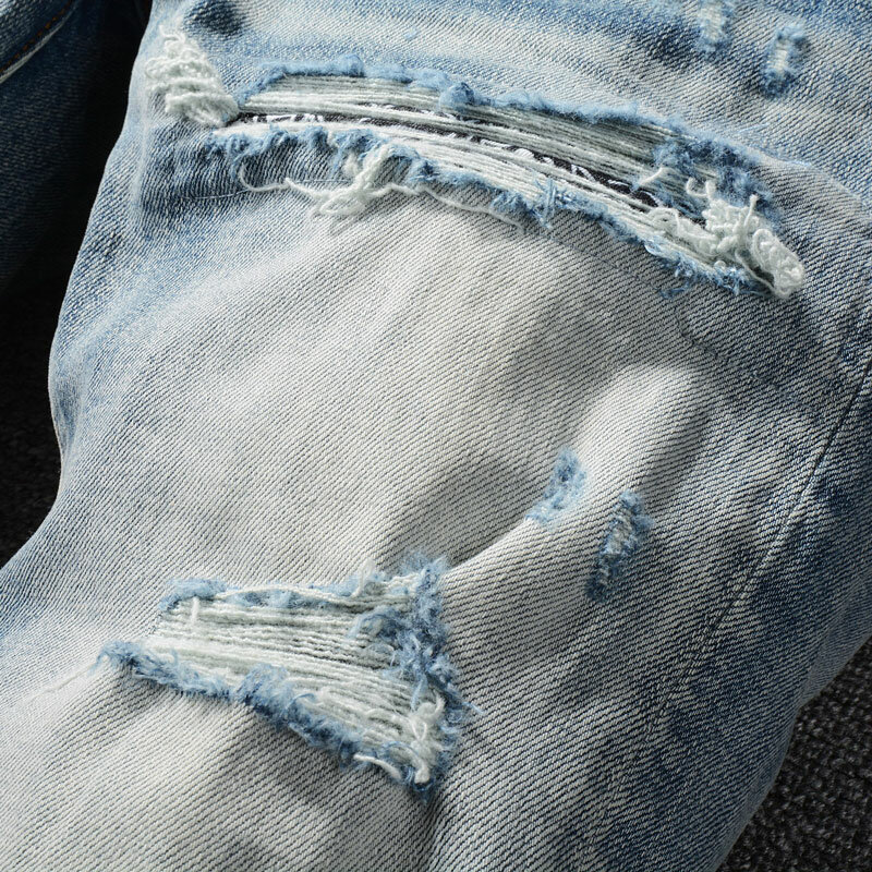 Streetwear Jeans sobek untuk pria, celana jins Retro biru elastis, celana Skinny Fit robek dengan tambalan untuk pria