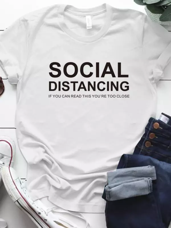 T-shirt à Manches Courtes et Col Rond pour Femme, Vêtement avec Lettres Imprimées à Distance Sociale
