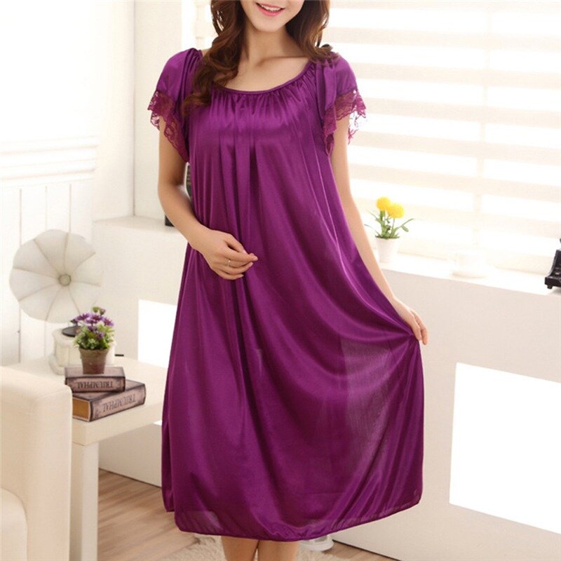 Solid Lace Ice Silk Satin Sleepwear Female Large Sexy Night Dress Nightgown Women Sleeping Dresses Plus Size