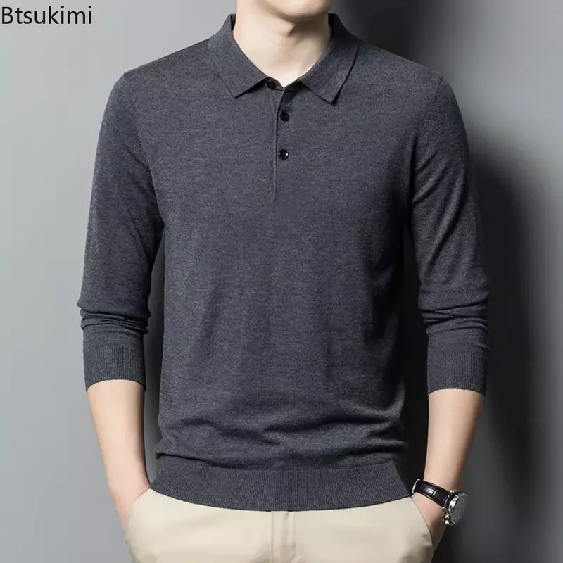 New 2024 Men's Casual Cotton Blend Sweater Tops Solid POLO Collar Business Sweater Pullovers Men Simple Wool Knitwear Tops Male