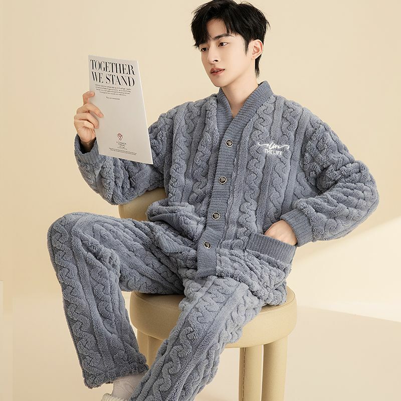 V-neck Nightwear Men Pajamas Set Warm Autumn Winter Thickened Long Sleeve Long Pants Flannel Homewear Sets Button Pockets Korean