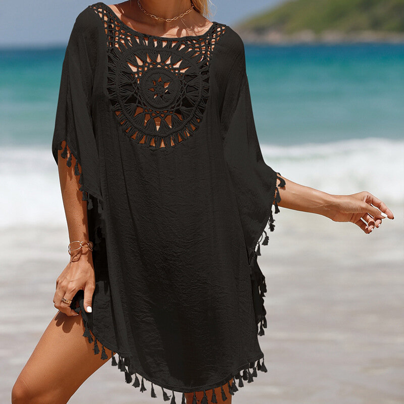 2024 Hand hook solid color patchwork beach skirt with small tassels for sun protection short sexy beach cover up