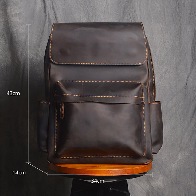 Retro Genuine Leather Backpack First Layer Cowhide Leisure Travel Bag Large Capacity Laptop Computer for 15.6inch