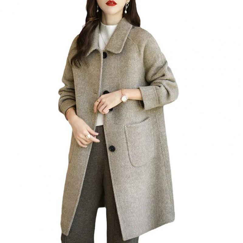女性用シングルブレストウールコート,ファッショナブルなラペル,長袖,ポケット付きシングルブレスト,スタイリッシュなコート