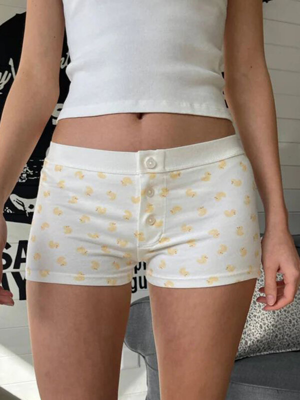 Shorts de algodão feminino de pato amarelo pequeno, botões de cintura alta patchwork, moletom fino, calça curta casual vintage, verão