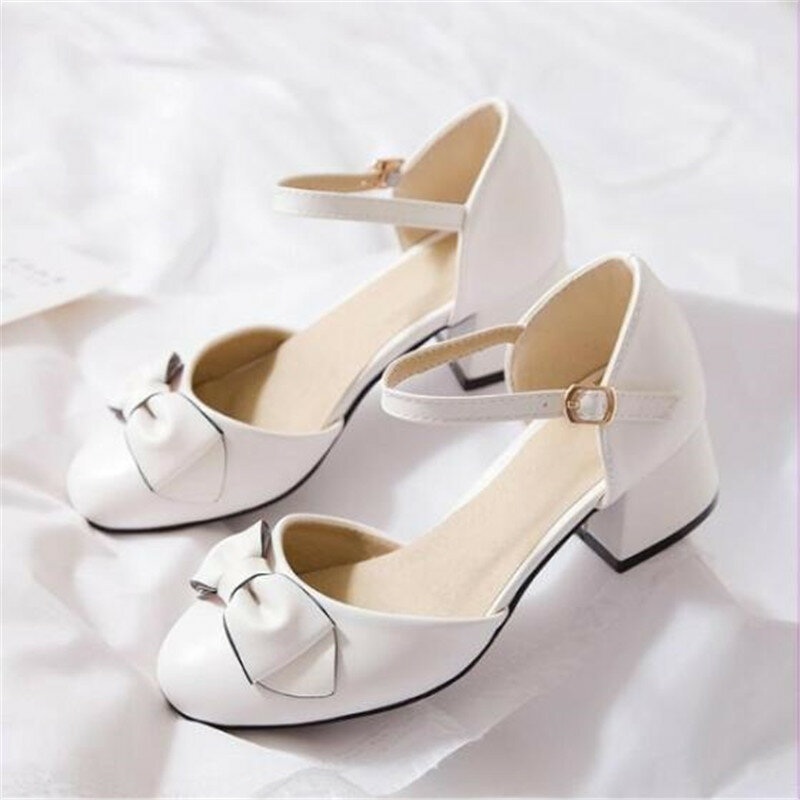 Zapatos de tacón alto Mary Jane para niña, Sandalias de tacón grueso con correa en el tobillo y lazo, zapatos de princesa para fiesta y banquete, 28-39