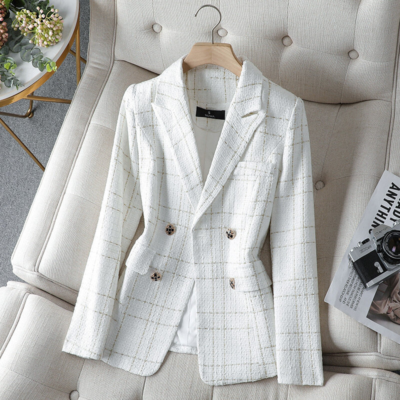 Plaid Blazers Women 2024Fashion Spring Autumn Office Ladies Long Sleeve Coarse Woolen Coats Chic Vintage Double Breasted Blazers