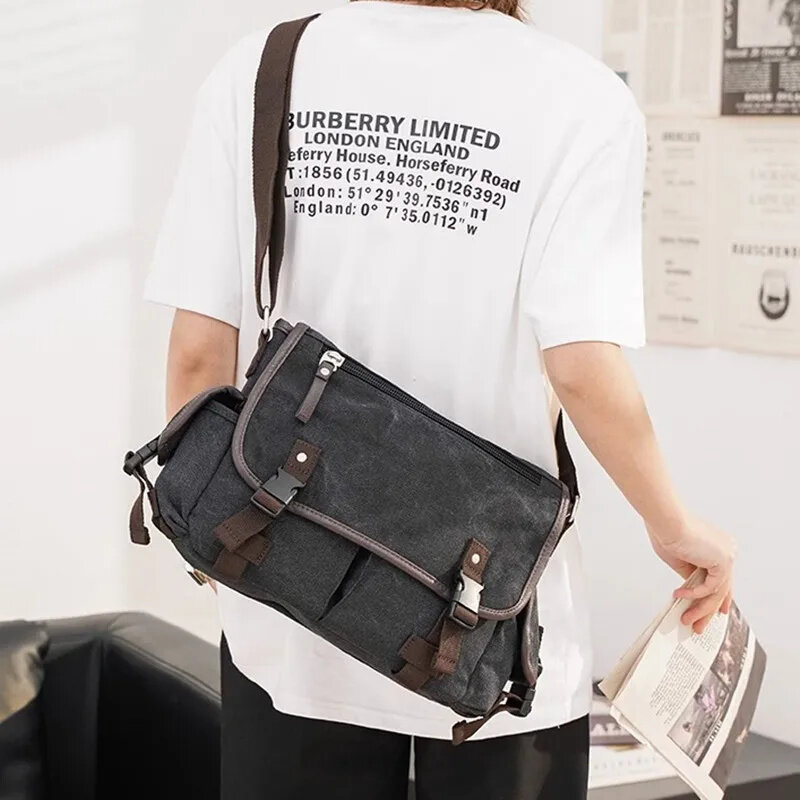 Korean Style Canvas Men's Shoulder Bag Casual Messenger Large Capacity Student Crossbody Fashion Male Briefcase