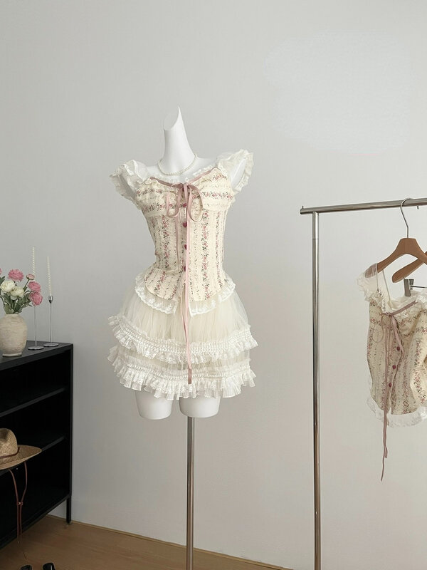 Conjunto de 2 piezas de Lolita para mujer, ropa de fiesta informal, Top corto, blusa y faldas delgadas, Vintage, japonés, Kawaii, Años 2000