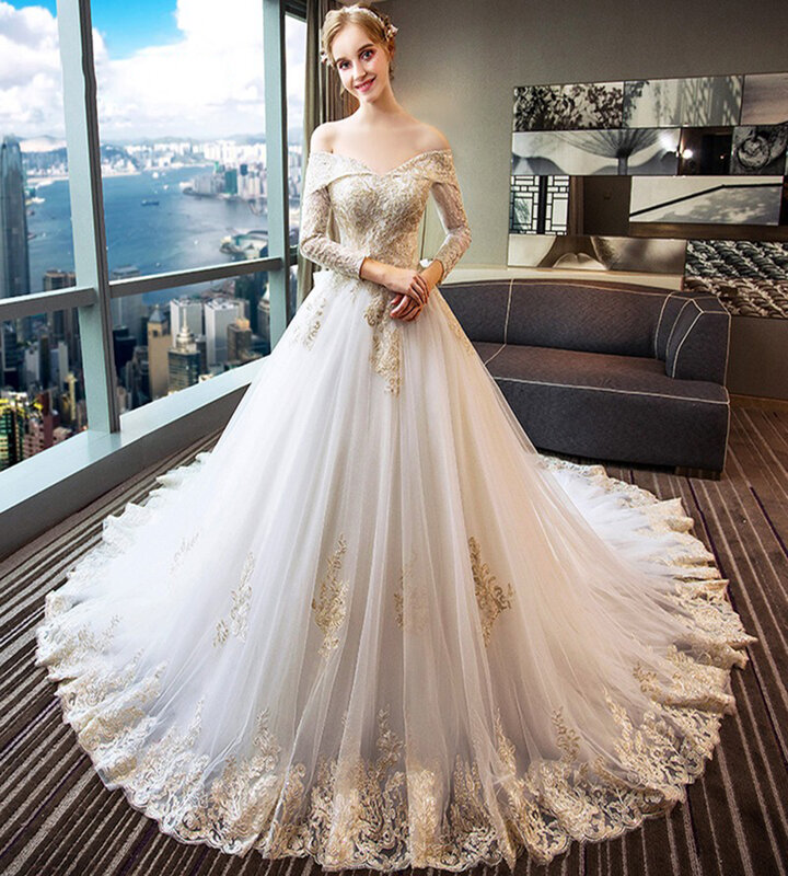 Gaun pernikahan temperamen bangsawan gaun romantis wanita renda lengan panjang gaun pengantin wanita terbaru 2024 gaun pengantin gading a-line Novia