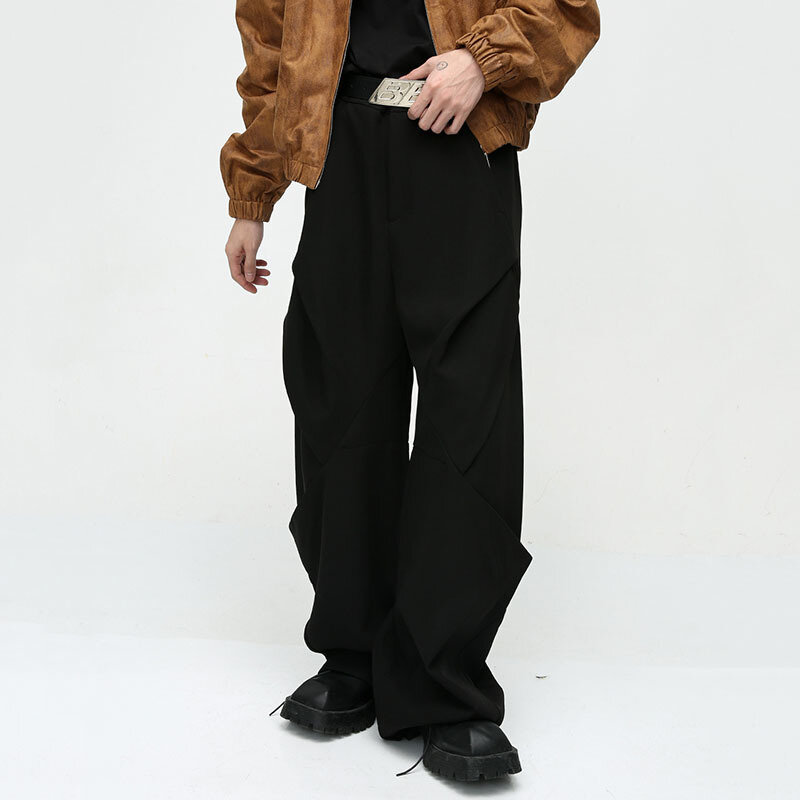 NOYMEI-pantalones holgados de pierna ancha para hombre, pantalón informal de empalme plisado con diseño de nicho de Color sólido, WA3288