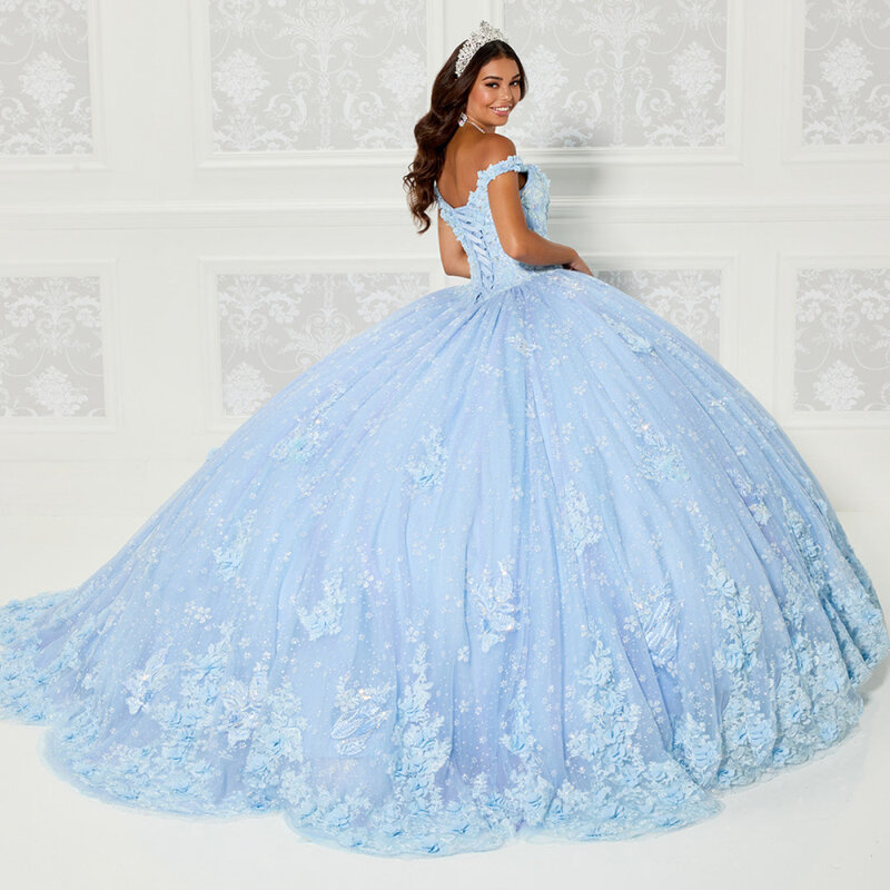 Lorencia Blue Quinceanera Dress Off Shoulder Appliques Floral Lace Beading Ball Gown Corset Sweet 16 Vestidos De 15 Años YQD561