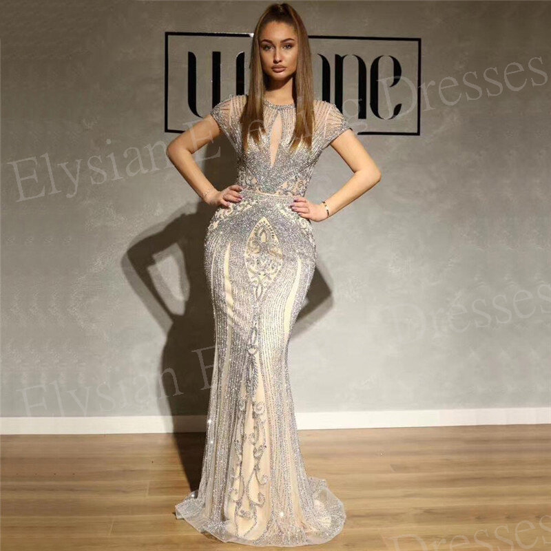 2024 New Exquisite Women's Mermaid Graceful Evening Dresses Simple O Neck Short Sleeve Prom Gowns Shiny Formal Party Vestidos