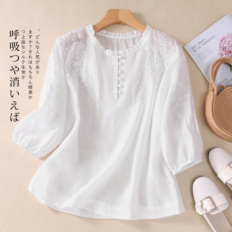 Blusa holgada de algodón con cuello redondo para mujer, camisa Vintage elegante con bordado, estilo informal, para verano, 3/4