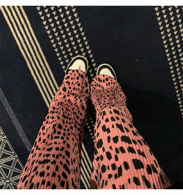 Pink Leopard Print Casual Pants for Women with Pleated Design Straight and Loose Legs Slimming and Floor Dragging Pants