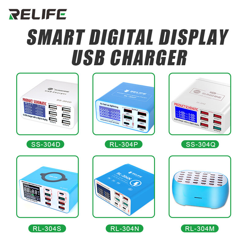 RElife-スマートフォン用のデジタルライトニングチャージャー,RL-304P,SS-304D,SS-304Q,iPhone,Samsung,Huawei,Mi,生体認証用の6ポートUSB充電器