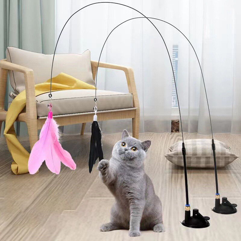 Varita de plumas para gatos, interactivo con superventosa juguete, desmontable, 2 piezas, recambios de plumas, Accesorios para gatos