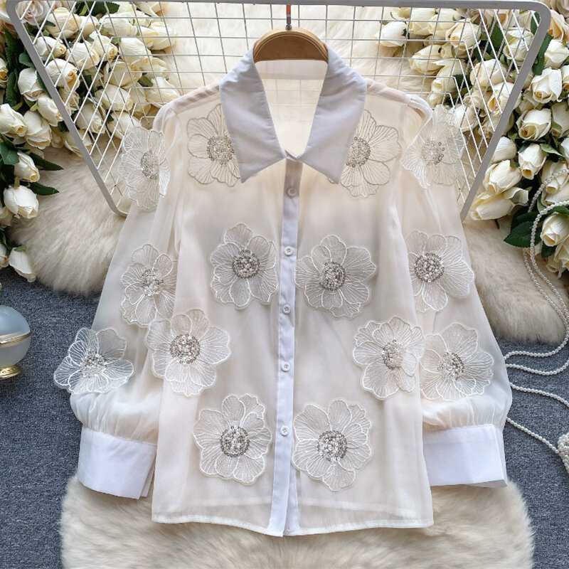 QOERLIN 여성용 꽃 레이스 투명 메쉬 블라우스, 긴팔 단추 업, 흰색 셔츠, 아플리케 탑, 트렌디한 신상, 2024 여름